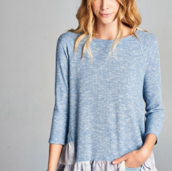 Baby blue ribbed high low tunic top - Picture 2 of 4